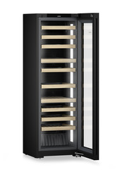 Product image, Perspective: oblique open empty, Multi-temperature wine cabinet, Casing colour: BlackSteel, Door colour: GlassBlack