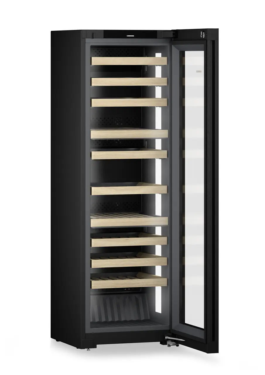 Product image, Perspective: oblique open empty, Multi-temperature wine cabinet, Casing colour: BlackSteel, Door colour: GlassBlack