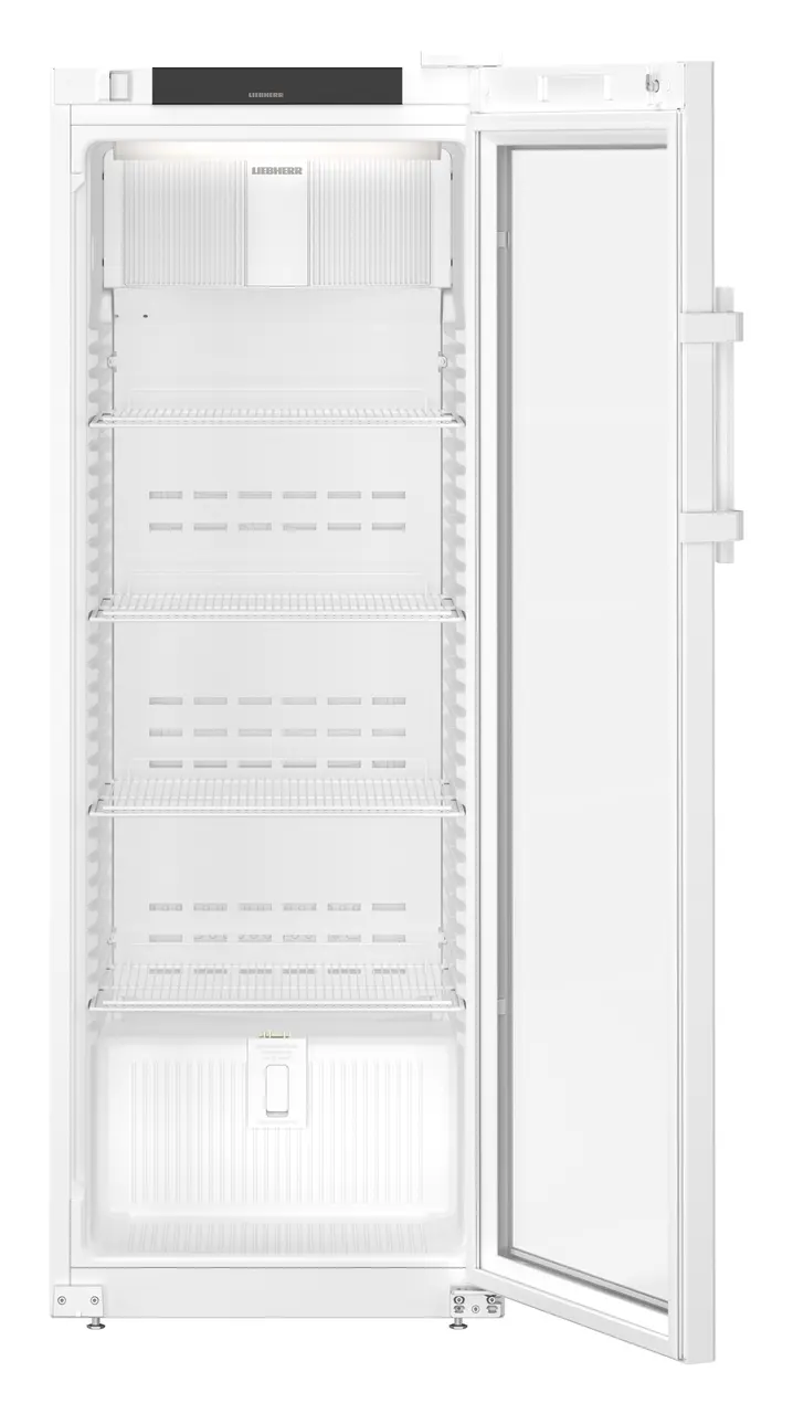 Produkt-Bild, Perspektive: gerade offen leer, Laborkühlgerät mit Umluftkühlung, Gehäusefarbe: Weiß, Türfarbe: Weiß