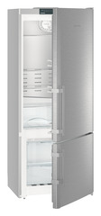 Product image, Perspective: oblique half-open empty, Fridge-freezer with NoFrost, Casing colour: silver, Door colour: stainless steel