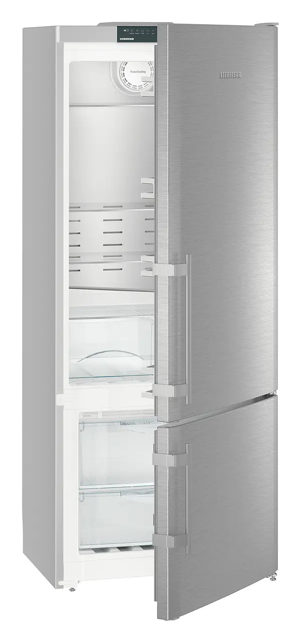 Product image, Perspective: oblique half-open empty, Fridge-freezer with NoFrost, Casing colour: silver, Door colour: stainless steel