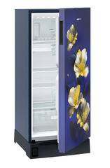 Product image, Perspective: oblique half-open empty, Single-door refrigerator 191 l in 3 star with foot pedal base drawer, Casing colour: blue, Door colour: Blue Hibiskus