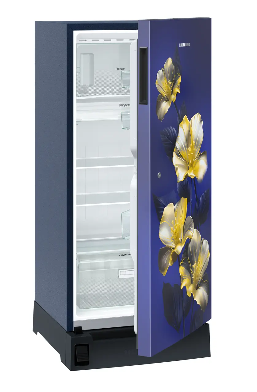 Product image, Perspective: oblique half-open empty, Single-door refrigerator 191 l in 3 star with foot pedal base drawer, Casing colour: blue, Door colour: Blue Hibiskus