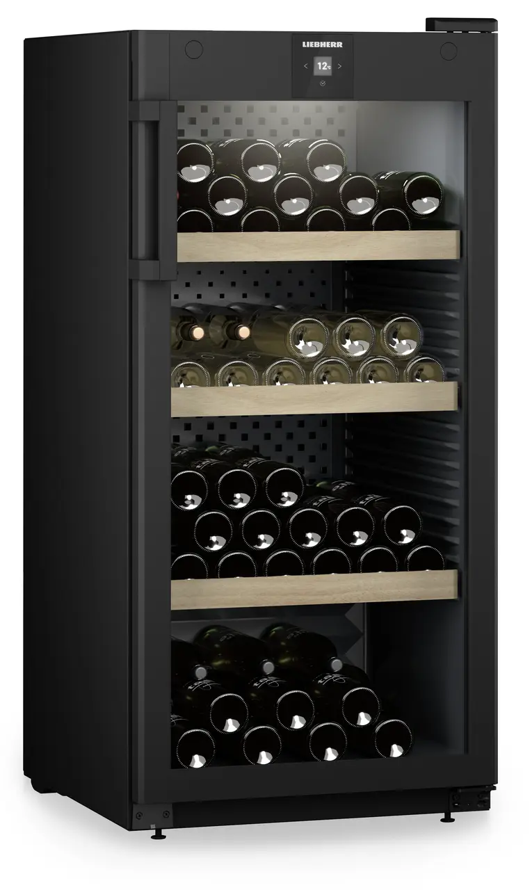 Product image, Perspective: oblique closed decorated, Wine storage cabinet, Casing colour: black, Door colour: black