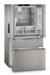 Product image, Perspective: oblique open empty, French door fridge-freezer with 2 freezer drawers and water and ice cube dispenser, Casing colour: silver, Door colour: stainless steel