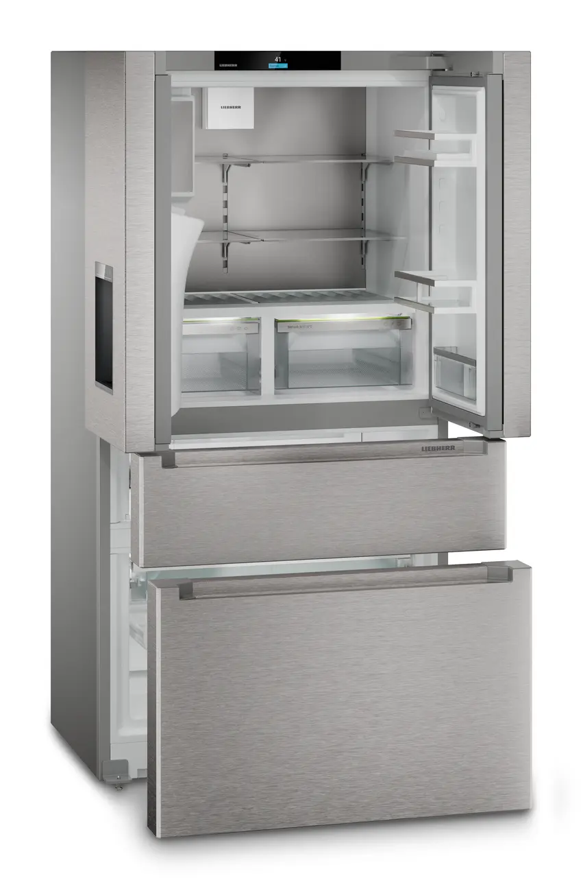 Product image, Perspective: oblique open empty, French door fridge-freezer with 2 freezer drawers and water and ice cube dispenser, Casing colour: silver, Door colour: stainless steel
