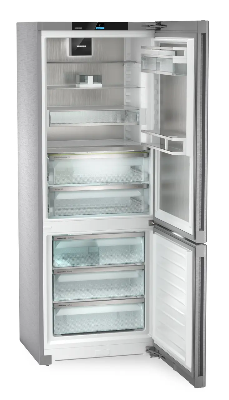 Product image, Perspective: oblique open empty, Fridge-freezer with BioFresh Professional and NoFrost, Casing colour: stainless steel, Door colour: stainless steel