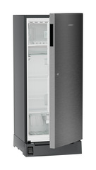 Product image, Perspective: oblique half-open empty, Single-door refrigerator 202 l in 3 star with foot pedal base drawer, Casing colour: grey, Door colour: Silver Steel