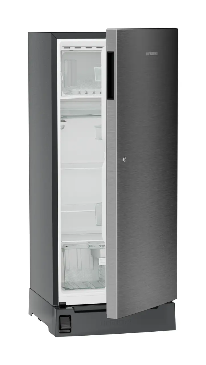 Product image, Perspective: oblique half-open empty, Single-door refrigerator 202 l in 3 star with foot pedal base drawer, Casing colour: grey, Door colour: Silver Steel