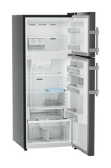 Product image, Perspective: oblique open empty, Fridge-freezer with NoFrost, Casing colour: grey, Door colour: BlackSteel