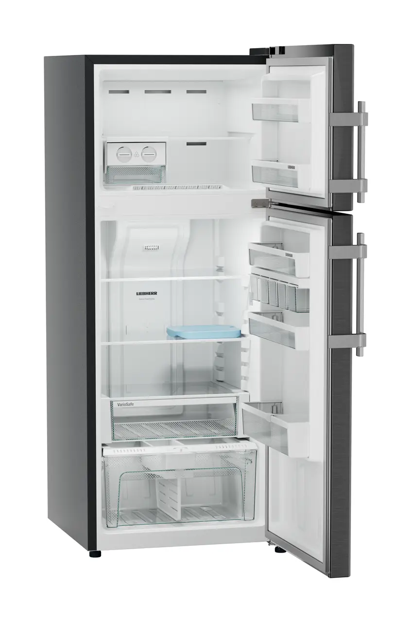 Product image, Perspective: oblique open empty, Fridge-freezer with NoFrost, Casing colour: grey, Door colour: BlackSteel