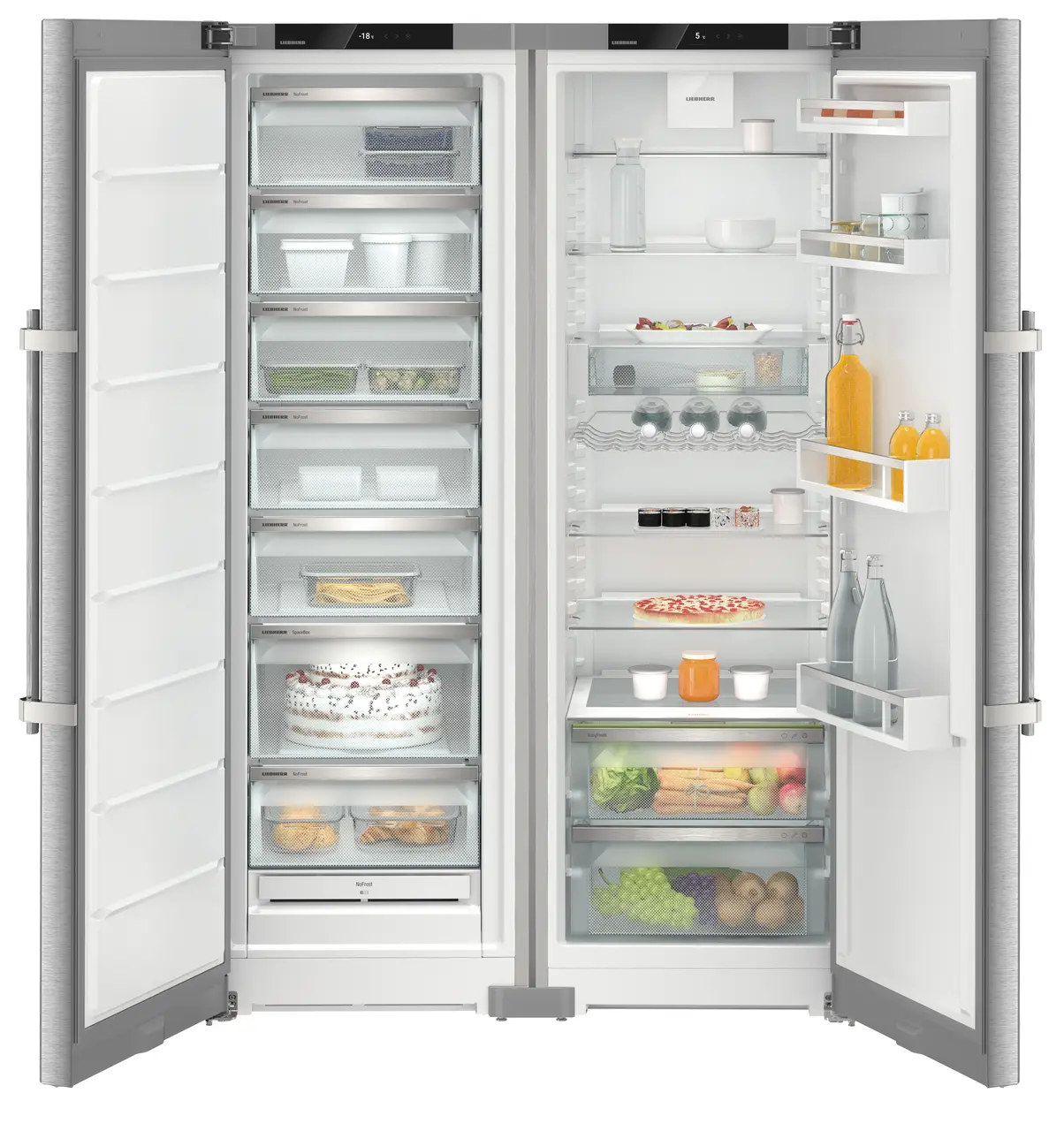 Изображение на продукта, Перспектива: Отпред, отворен, отворен с продукти, Комбинация Side-by-Side, Цвят на корпуса: фино сребро, Цвят на вратата: благородна стомана