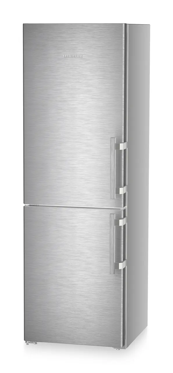Product image, Perspective: oblique closed, Combined fridge-freezers with EasyFresh and NoFrost, Casing colour: silver, Door colour: stainless steel