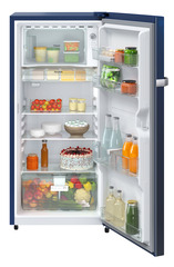 Product image, Perspective: straight open decorated, Single-door refrigerator 191 l in 3 star and horizontal handle, Casing colour: blue, Door colour: Blue Rosette