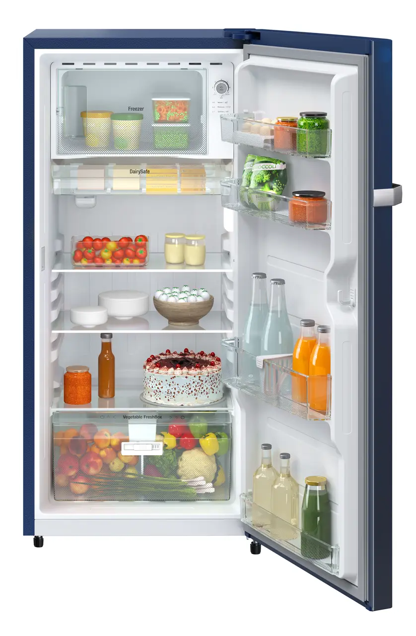 Product image, Perspective: straight open decorated, Single-door refrigerator 191 l in 3 star and horizontal handle, Casing colour: blue, Door colour: Blue Rosette