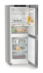 Product image, Perspective: oblique open decorated, Combined fridge-freezers with EasyFresh and NoFrost, Casing colour: silver, Door colour: Steelfinish