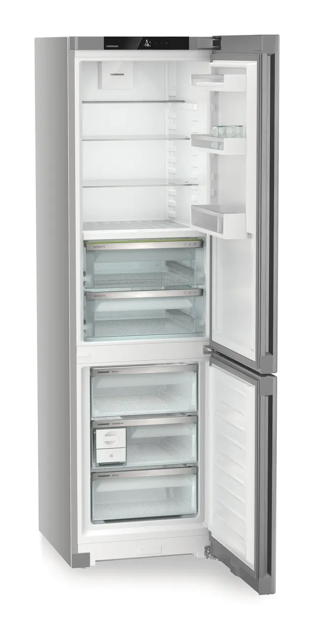 Product image, Perspective: oblique open empty, Fridge-freezer with BioFresh and NoFrost, Casing colour: silver, Door colour: Steelfinish