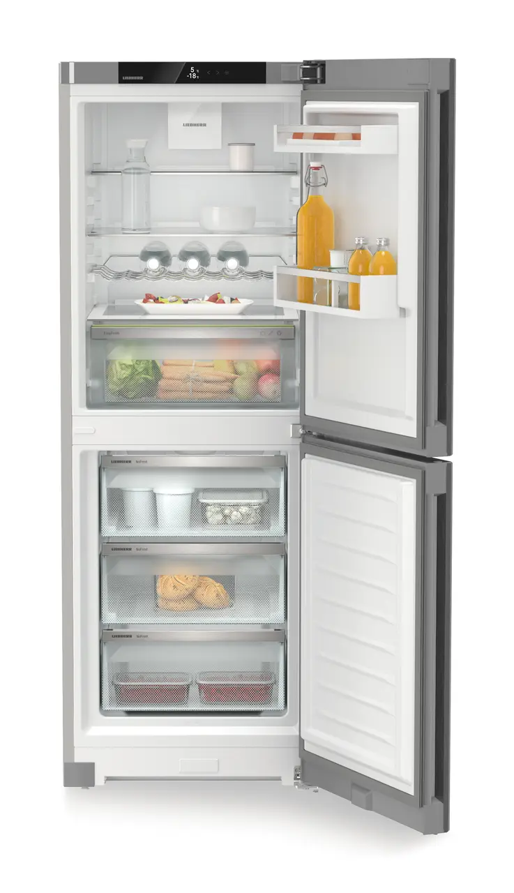 Product image, Perspective: straight open decorated, Combined fridge-freezers with EasyFresh and NoFrost, Casing colour: silver, Door colour: Steelfinish