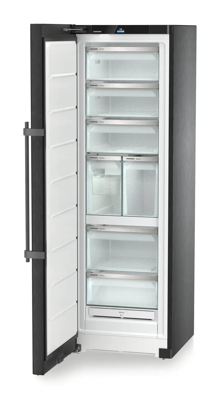 Product image, Perspective: oblique open empty, Freestanding freezer with NoFrost and IceTower, Casing colour: BlackSteel, Door colour: BlackSteel