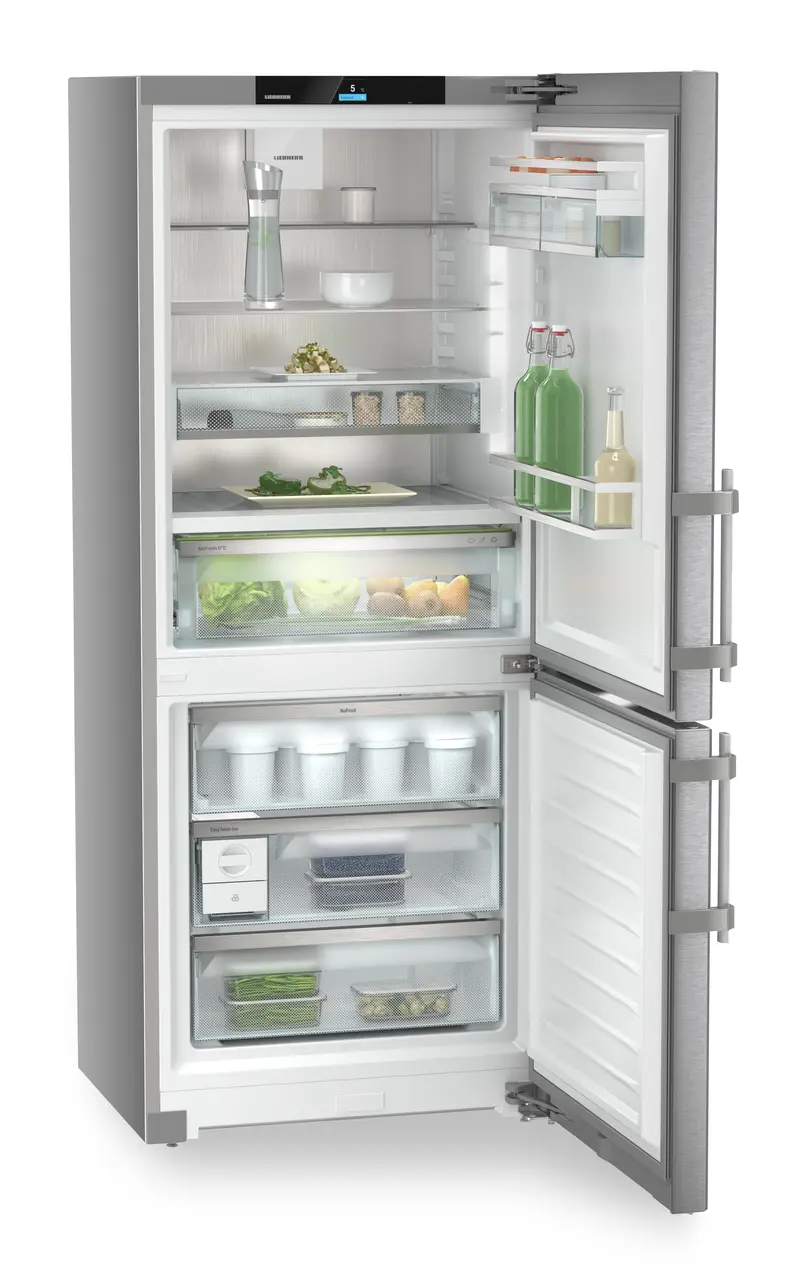 Product image, Perspective: oblique open decorated, Fridge-freezer with BioFresh and NoFrost, Casing colour: silver, Door colour: stainless steel