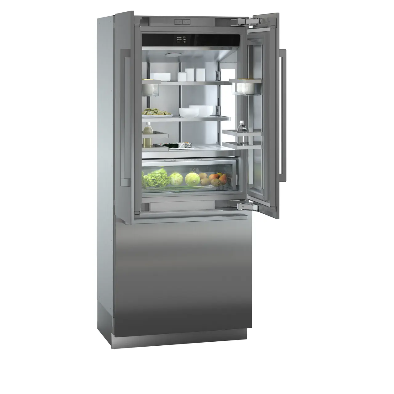 Product image, Perspective: oblique open decorated, Combined refrigerator-freezer with BioFresh and NoFrost for integrated use, Casing colour: grey