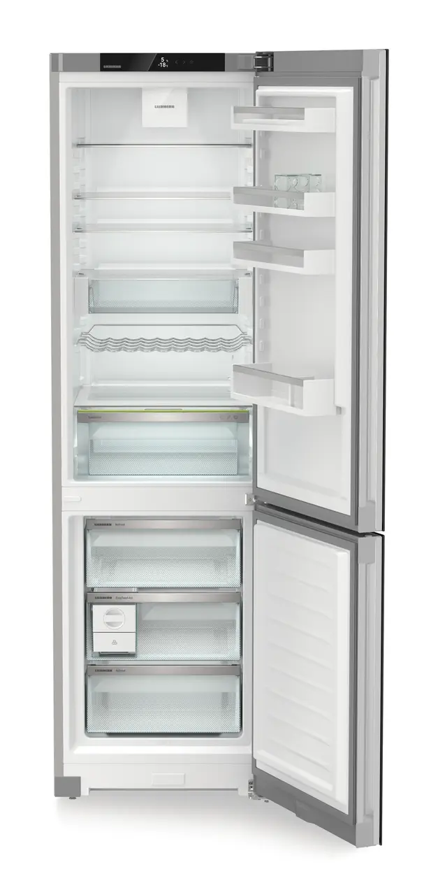Product image, Perspective: straight open empty, Combined fridge-freezers with EasyFresh and NoFrost, Casing colour: silver, Door colour: GlassBlack