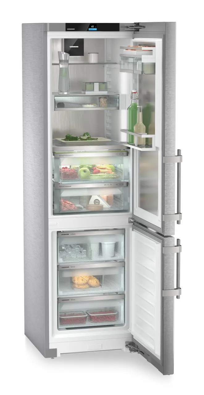 Product image, Perspective: oblique open decorated, Fridge-freezer with BioFresh Professional and NoFrost, Casing colour: stainless steel, Door colour: stainless steel