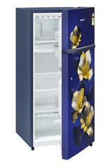 Product image, Perspective: oblique half-open empty, Single-door refrigerator 191 l in 2 Star and with horizontal handle, Casing colour: blue, Door colour: Blue Hibiskus