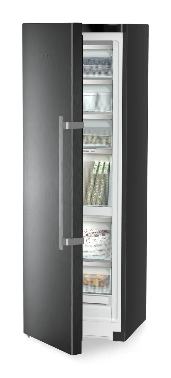 Produkt-Bild, Perspektive: schräg halb offen dekoriert, Standgefrierschrank mit NoFrost, Gehäusefarbe: BlackSteel, Türfarbe: BlackSteel
