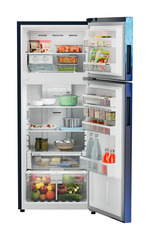 Product image, Perspective: straight open decorated, Fridge-freezer with NoFrost, Casing colour: blue, Door colour: Blue Mystiq