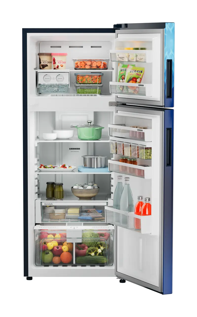 Product image, Perspective: straight open decorated, Fridge-freezer with NoFrost, Casing colour: blue, Door colour: Blue Mystiq