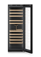 Product image, Perspective: straight open empty, Multi-temperature wine cabinet, Casing colour: BlackSteel, Door colour: GlassBlack