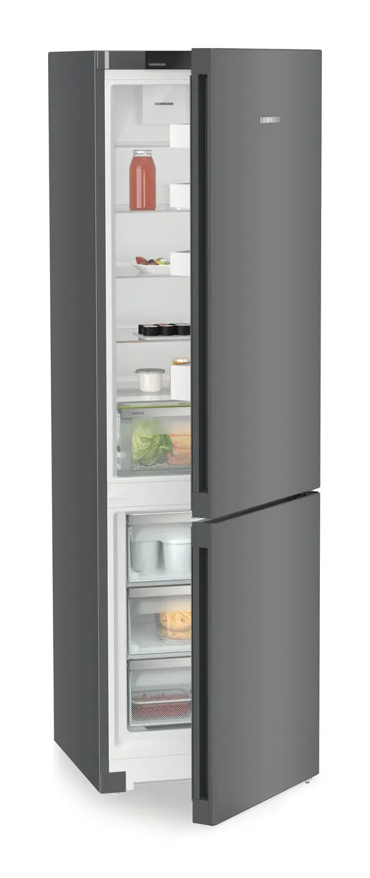 Product image, Perspective: oblique half-open decorated, Combined fridge-freezers with EasyFresh and NoFrost, Casing colour: DarkGrey, Door colour: DarkGrey