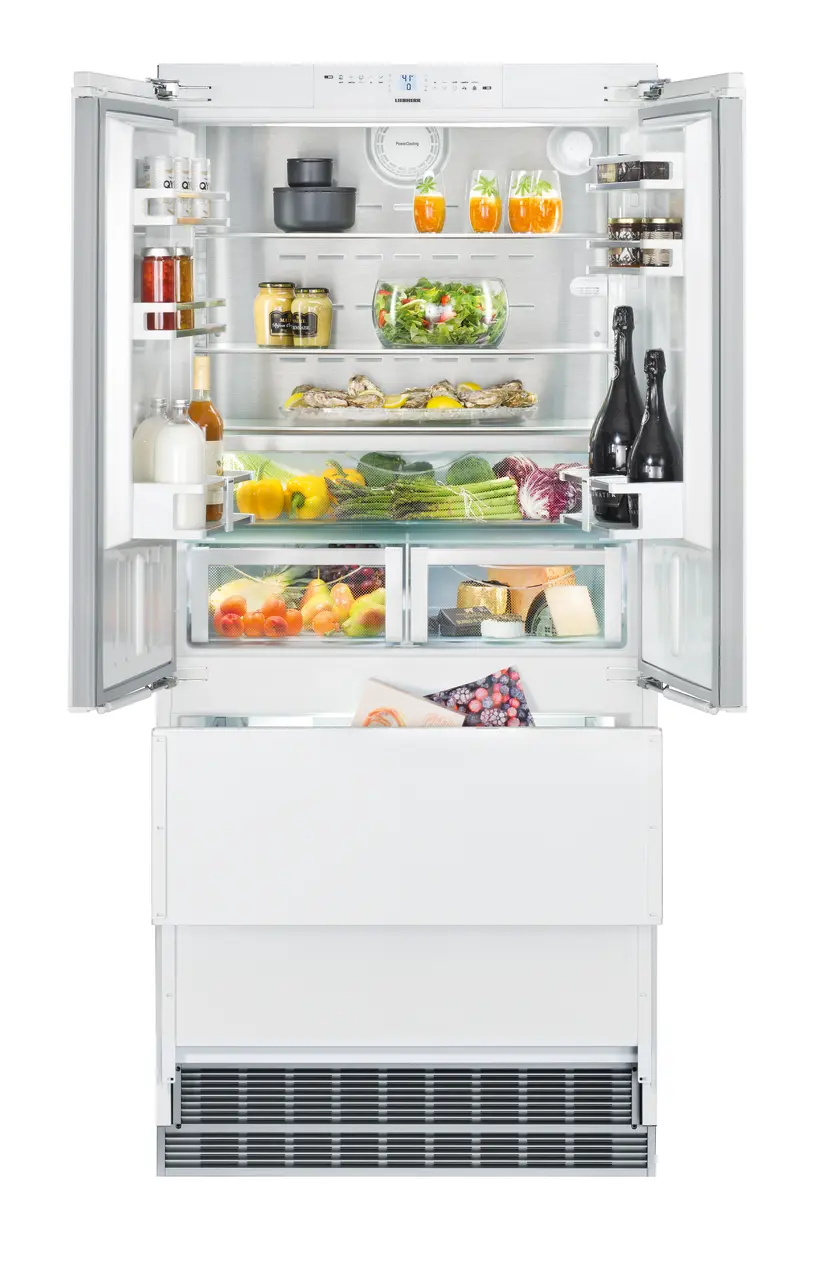 Product image, Perspective: straight open decorated, Combined refrigerator-freezer with NoFrost for integrated use
