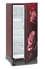 Product image, Perspective: oblique half-open empty, Single-door fridge 202 l in 5 star with foot pedal base drawer, Casing colour: red, Door colour: Red Rosette