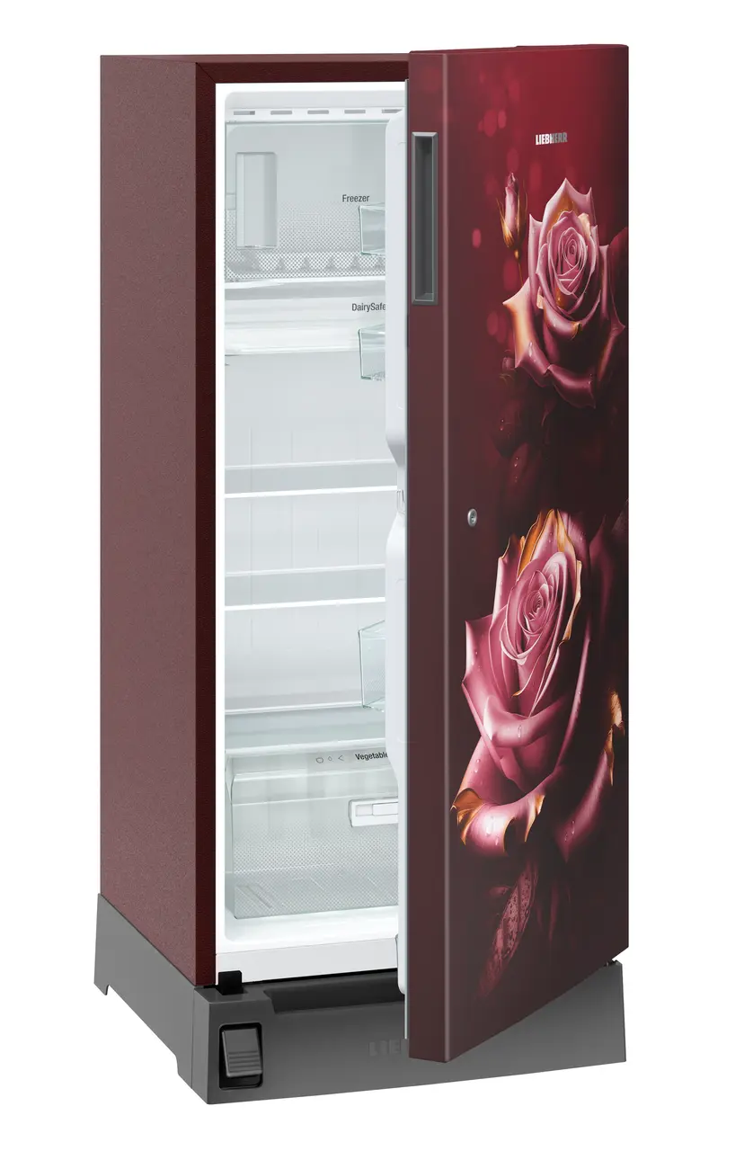 Product image, Perspective: oblique half-open empty, Single-door fridge 202 l in 5 star with foot pedal base drawer, Casing colour: red, Door colour: Red Rosette