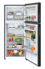 Product image, Perspective: straight open decorated, Fridge-freezer with NoFrost, Casing colour: grey, Door colour: Black Gloss