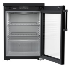 Obraz produktu, Perspektywa: Na wprost, otwarte, puste, Chłodziarka do zabudowy pod blat z chłodzeniem powietrzem obiegowym, Kolor obudowy: Czarna, Kolor drzwi: Czarna