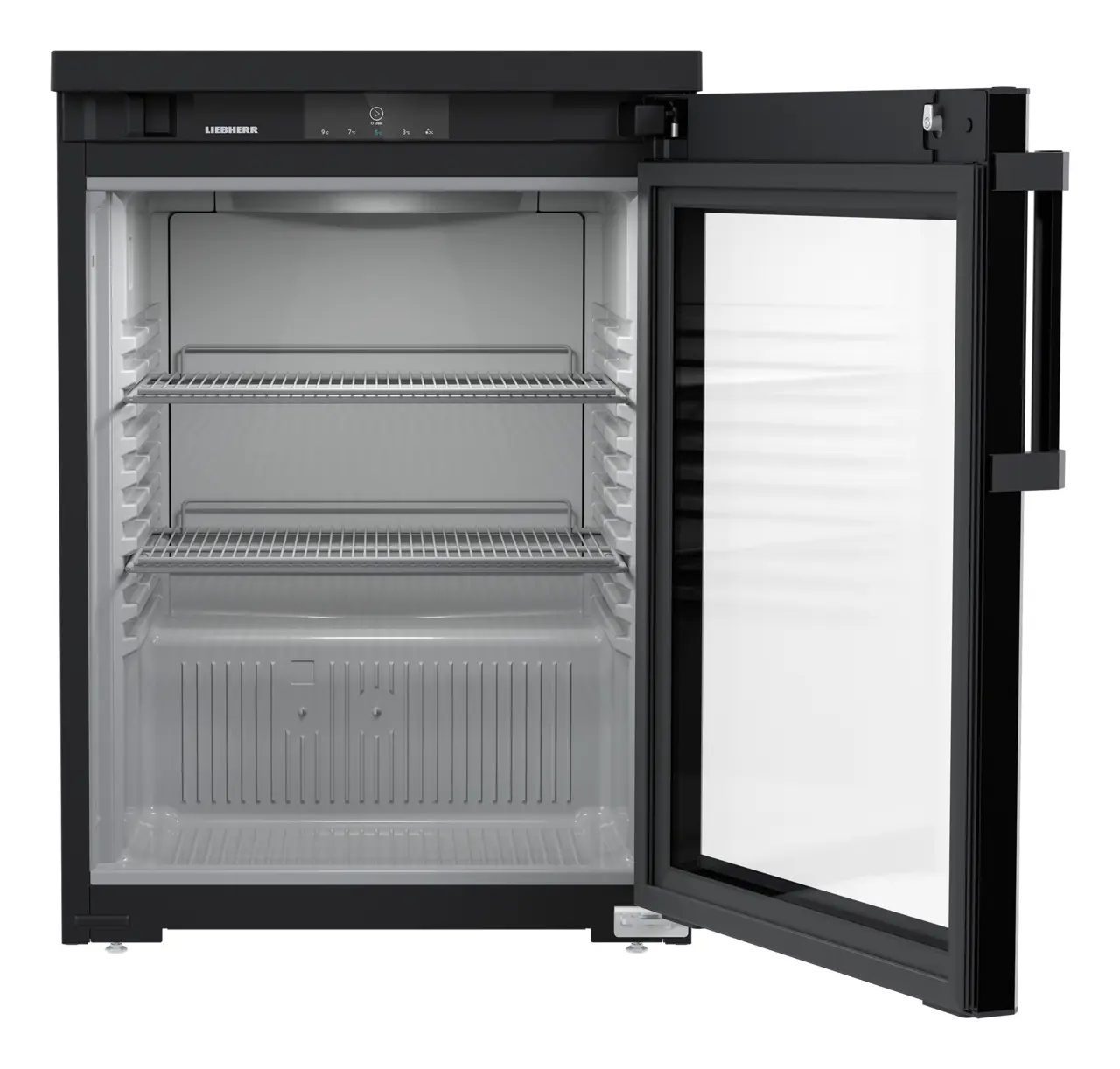 Obraz produktu, Perspektywa: Na wprost, otwarte, puste, Chłodziarka do zabudowy pod blat z chłodzeniem powietrzem obiegowym, Kolor obudowy: Czarna, Kolor drzwi: Czarna