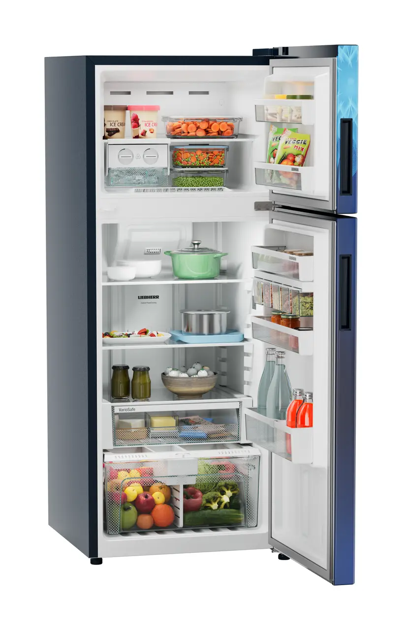 Product image, Perspective: oblique open decorated, Fridge-freezer with NoFrost, Casing colour: blue, Door colour: Blue Mystiq