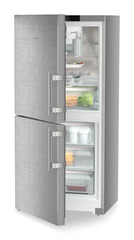 Product image, Perspective: oblique half-open decorated, Combined fridge-freezers with EasyFresh and NoFrost, Casing colour: silver, Door colour: stainless steel