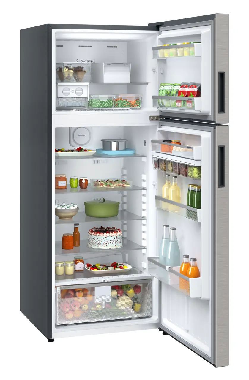 Product image, Perspective: oblique open decorated, Fridge-freezer with NoFrost, Casing colour: grey, Door colour: Stainless Steel