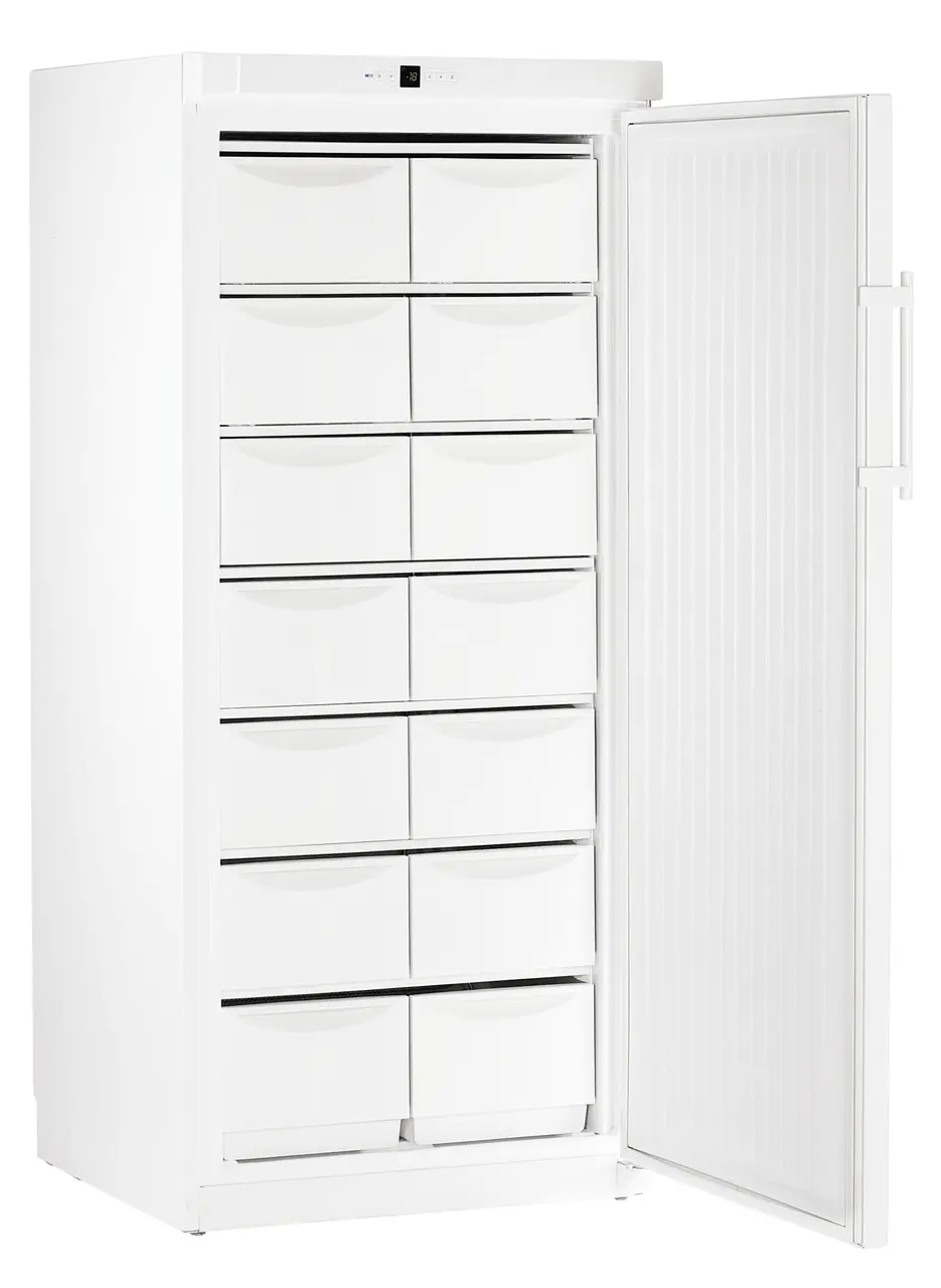 Product image, Perspective: oblique open empty, Freezer with static cooling, Casing colour: white
