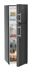Product image, Perspective: oblique half-open decorated, Fridge-freezer with NoFrost, Casing colour: grey, Door colour: BlackSteel