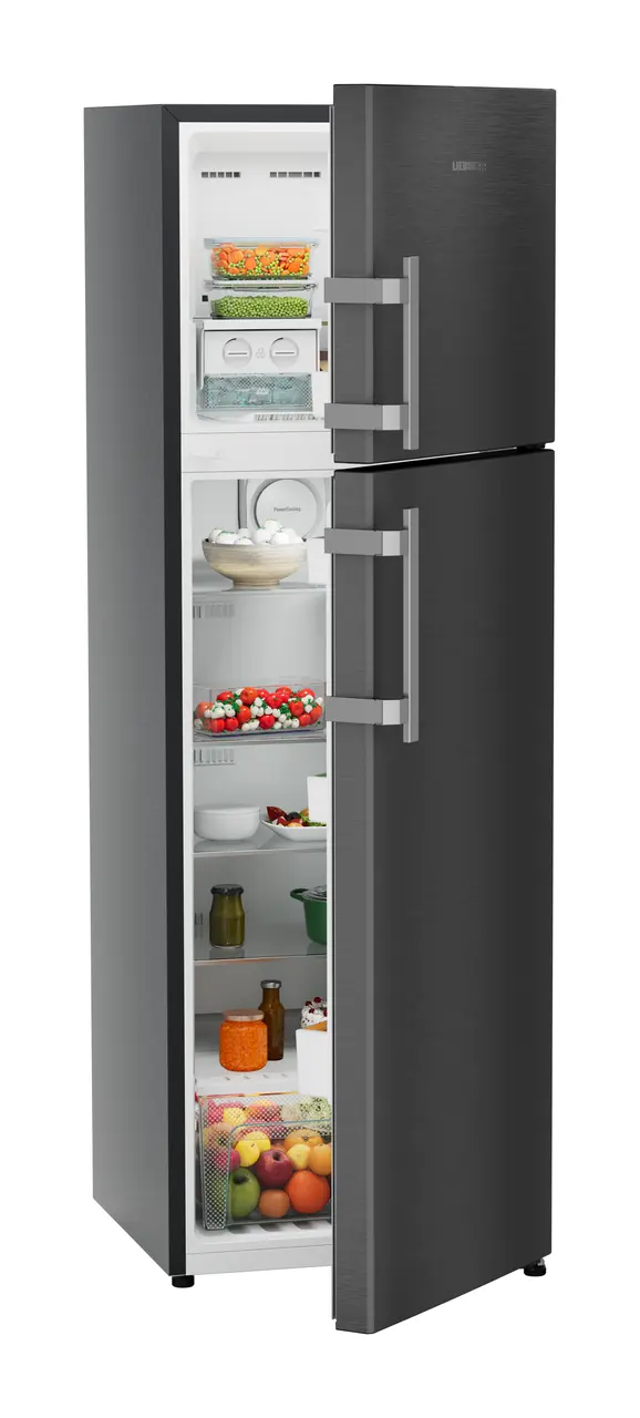 Product image, Perspective: oblique half-open decorated, Fridge-freezer with NoFrost, Casing colour: grey, Door colour: BlackSteel