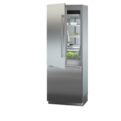 Product image, Perspective: oblique half-open decorated, Combined refrigerator-freezer with BioFresh and NoFrost for integrated use, Casing colour: grey