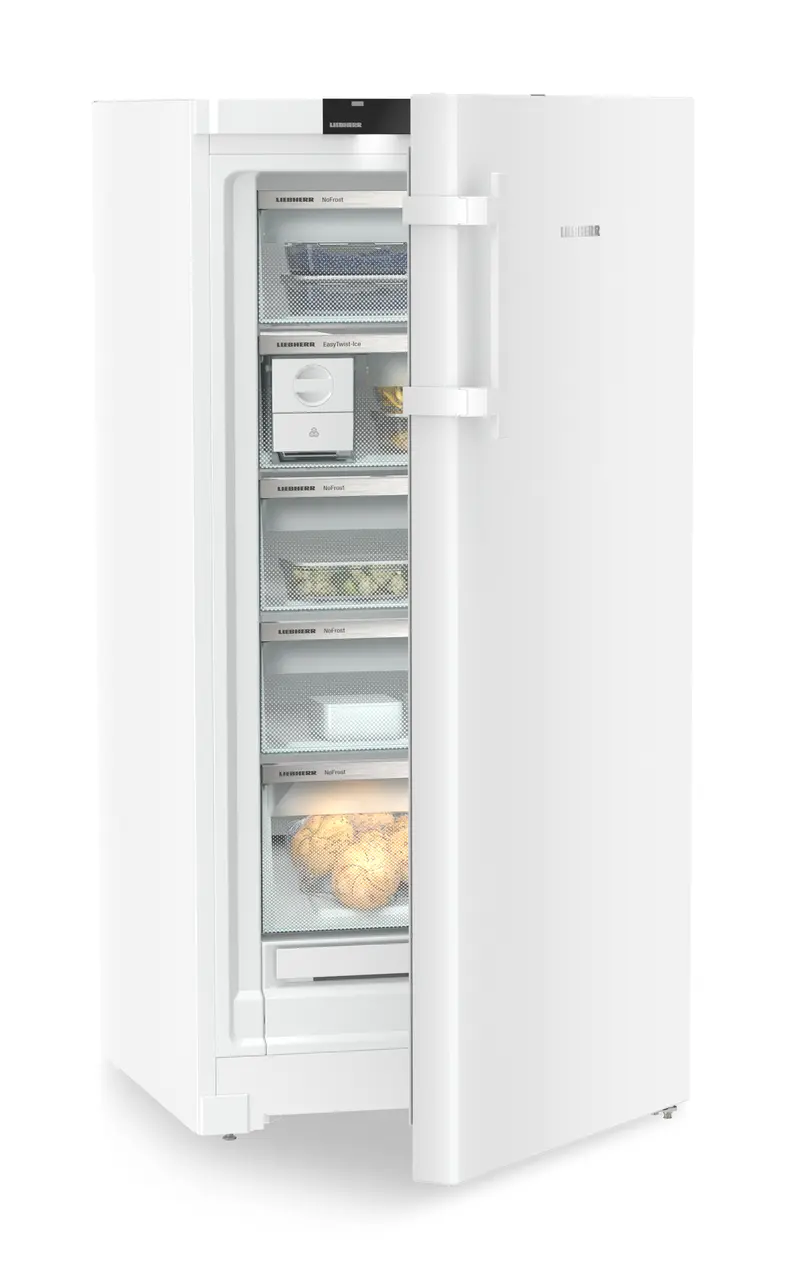 Produkt-Bild, Perspektive: schräg halb offen dekoriert, Standgefrierschrank mit NoFrost und EasyTwist-Ice, Gehäusefarbe: Weiß, Türfarbe: Weiß