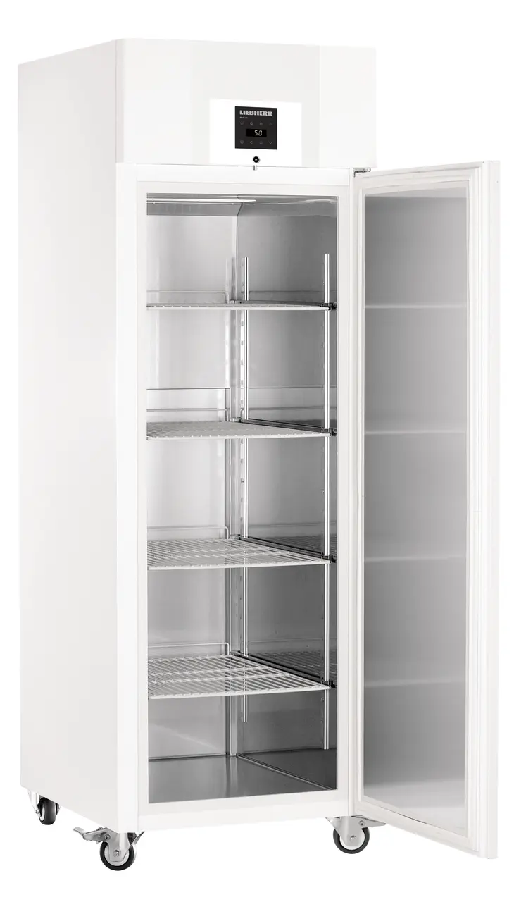 Product image, Perspective: oblique open empty, Lab refrigerator with profi electronic controller, Casing colour: white