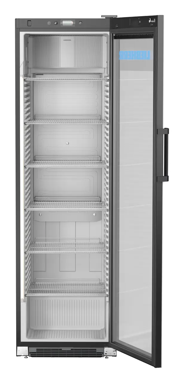 Obraz produktu, Perspektywa: Na wprost, otwarte, puste, Witryna chłodnicza z chłodzeniem powietrzem obiegowym, Kolor obudowy: Czarna, Kolor drzwi: Czarna