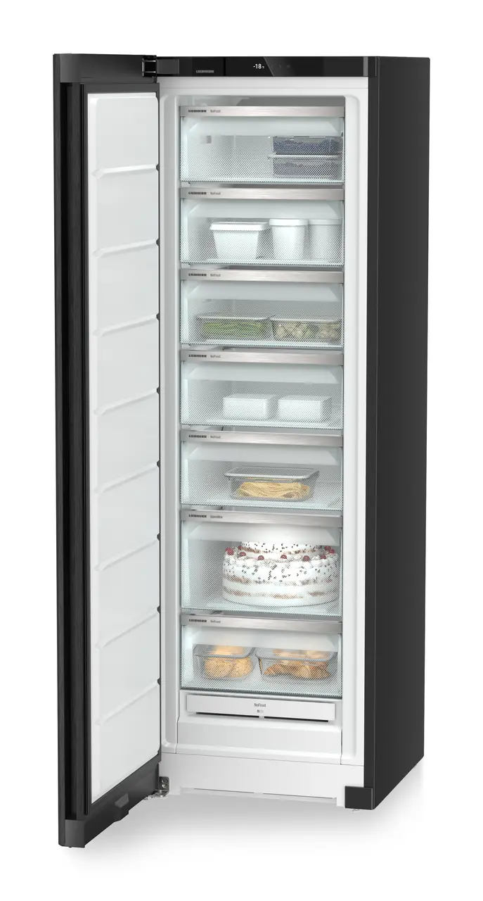Изображение продукции, Перспектива: Под углом, с открытой дверцей, с продуктами, Морозильная камера с системой NoFrost, Цвет корпуса: черный